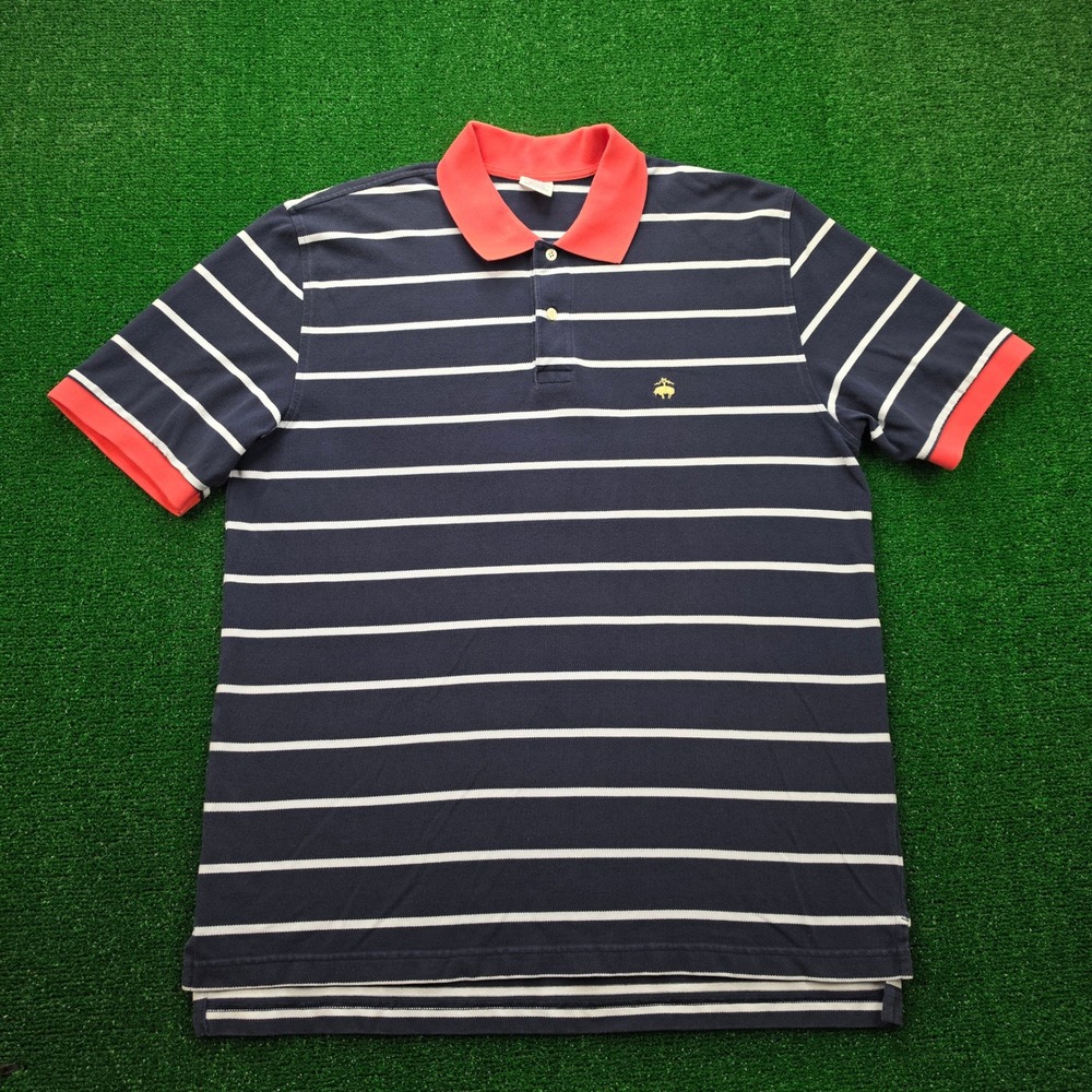 Brooks Brothers Performance Shirt Mens Large Blue White Stiped 100% Cotton Golf